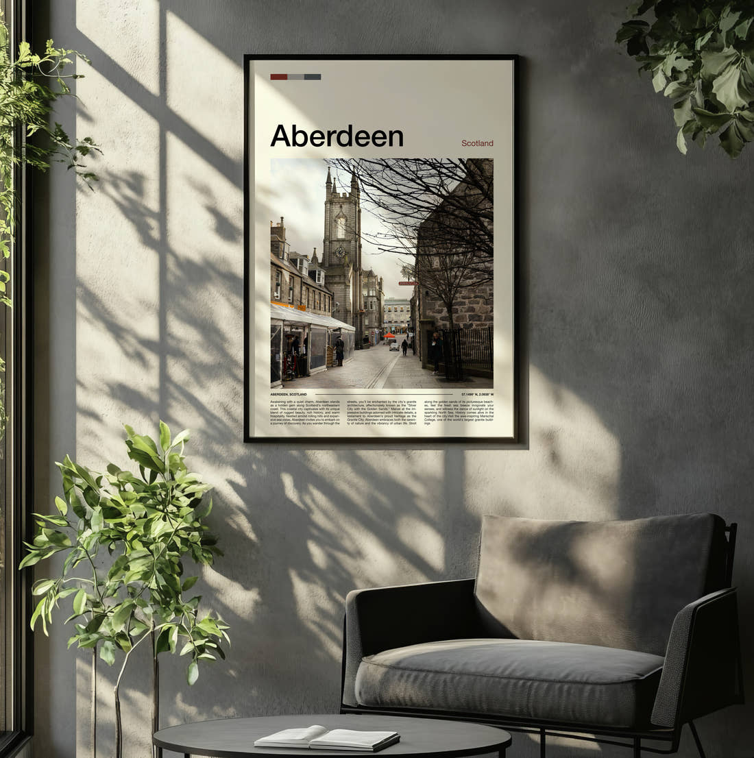 Aberdeen Belmont Street Travel Print framed on the wall of a relaxed living room