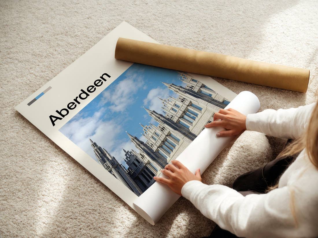 Aberdeen Marischal College Travel Print being unrolled from its postal tube