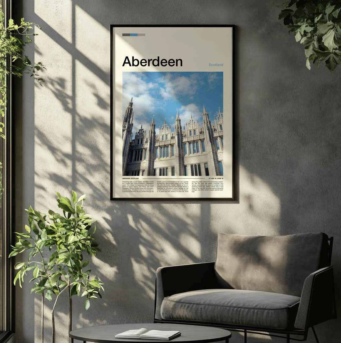 Aberdeen Marischal College Travel Print framed on the wall of a relaxed living room