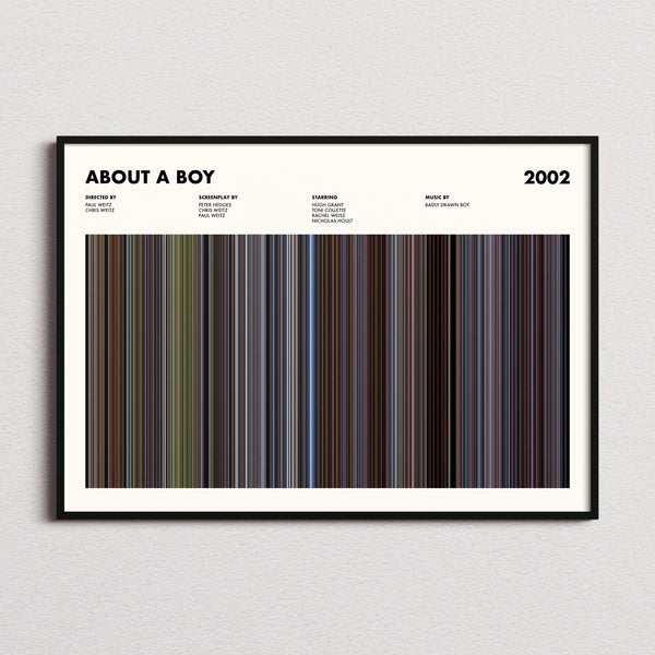 About a Boy Movie Barcode Poster framed and photographed straight on