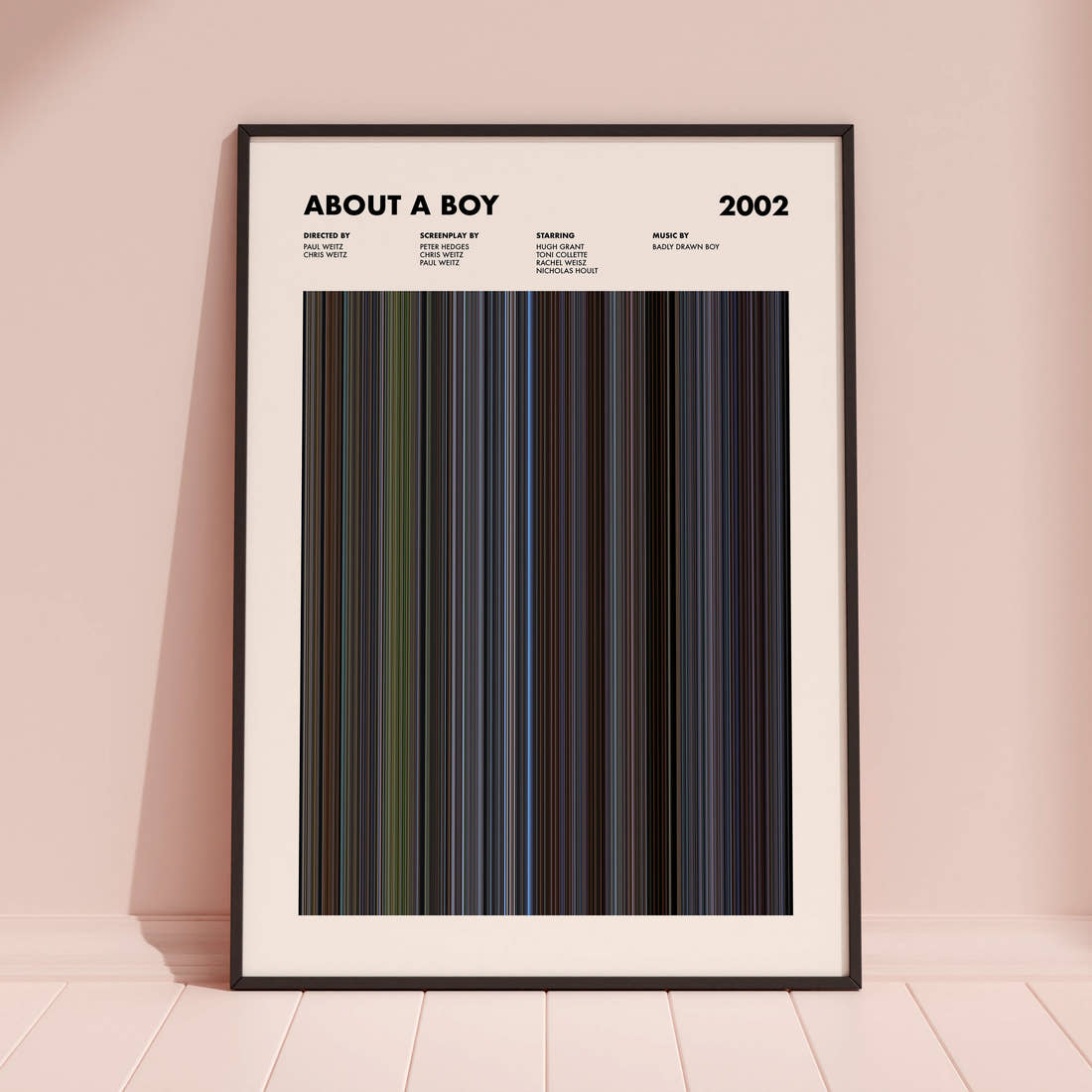 About a Boy Movie Barcode Poster framed and leaning against a coloured wall