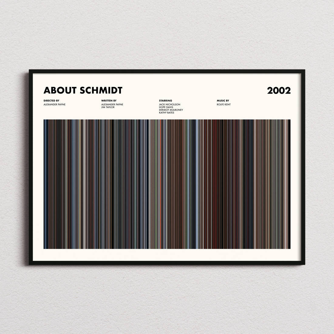 About Schmidt Movie Barcode Poster framed and photographed straight on