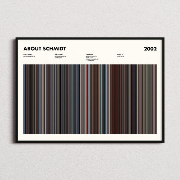 About Schmidt Movie Barcode Poster framed and photographed straight on