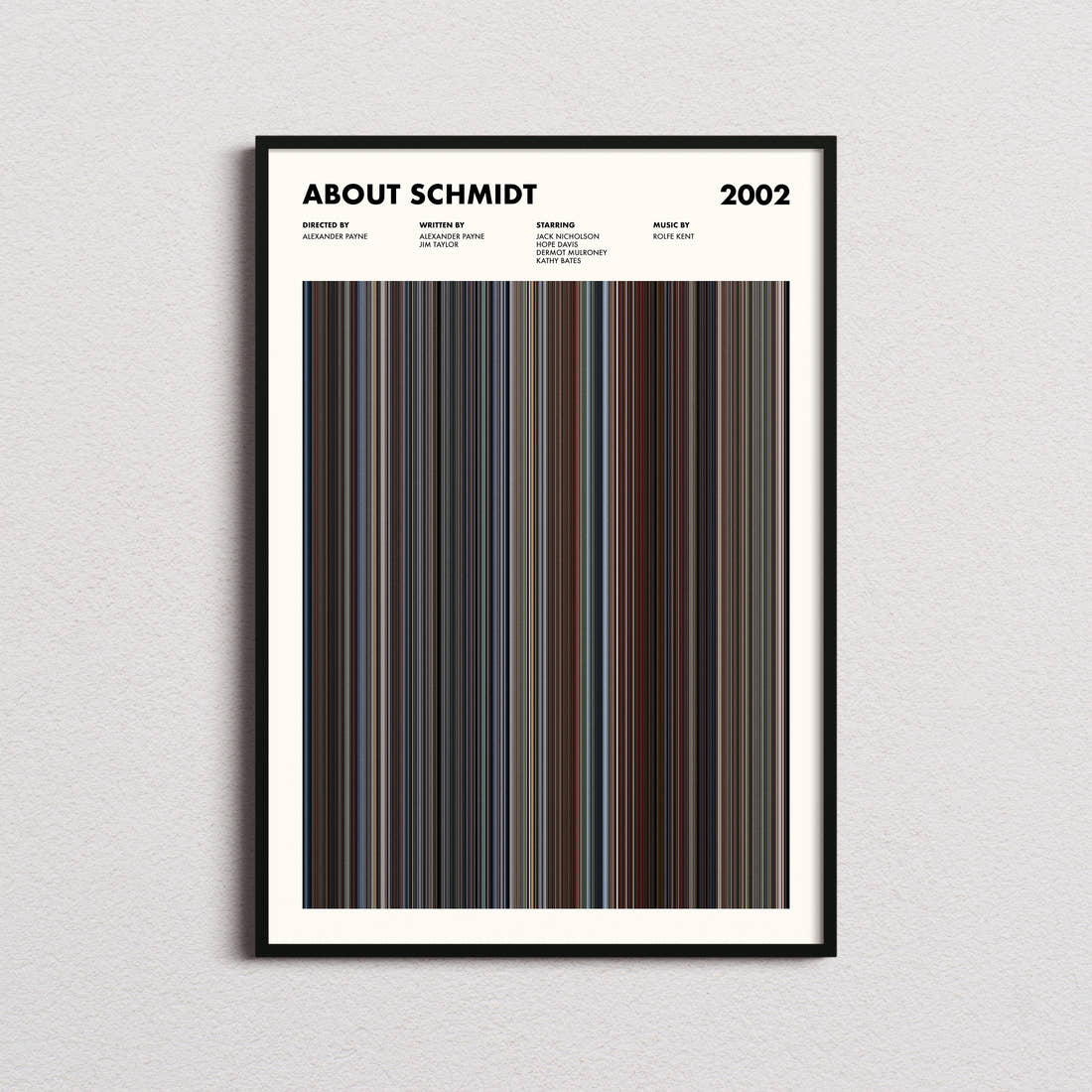 About Schmidt Movie Barcode Poster framed on a plain studio wall