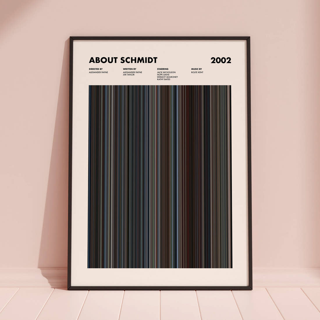 About Schmidt Movie Barcode Poster framed and leaning against a coloured wall