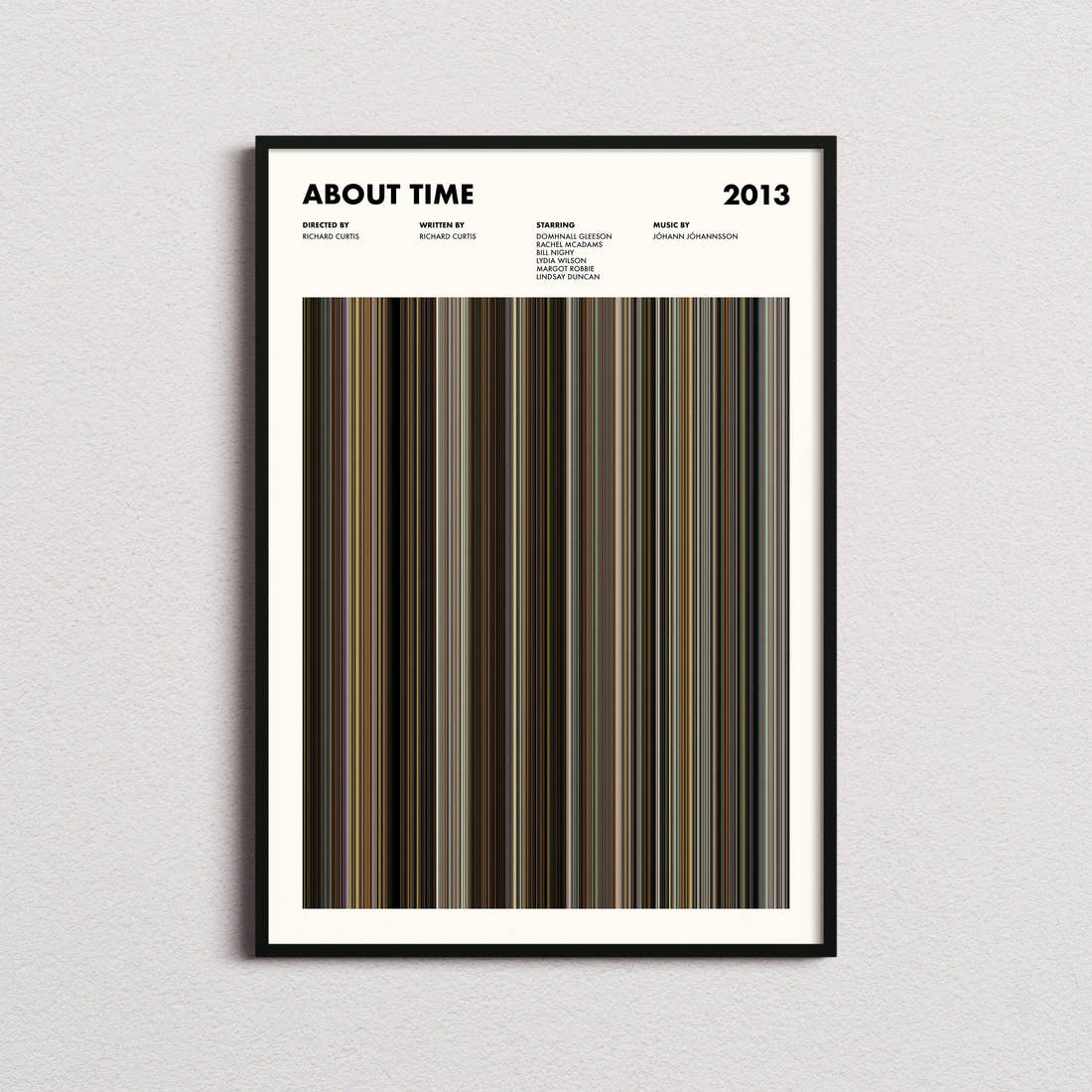 About Time Movie Barcode Poster framed on a plain studio wall