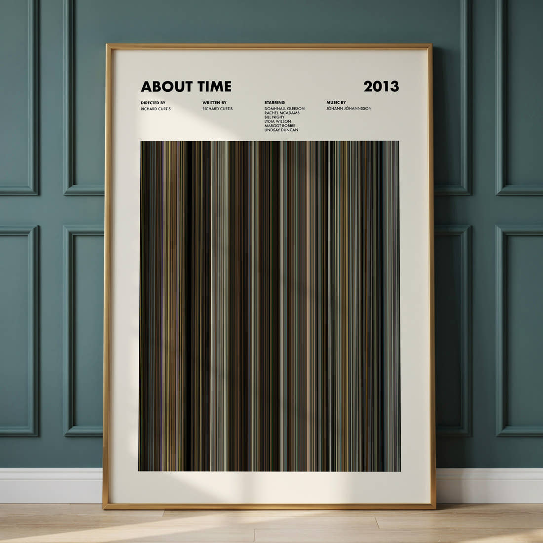 About Time Movie Barcode Poster framed and leaning against a panelled wall