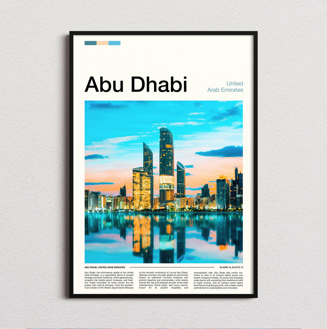 Abu Dhabi Skyline Reflection Travel Print framed and photographed straight on