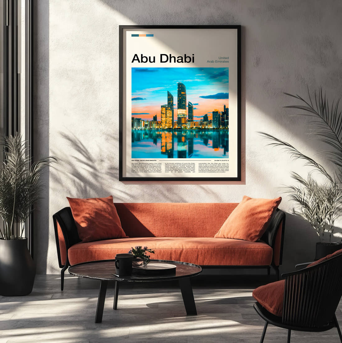 Abu Dhabi Skyline Reflection Travel Print framed on the wall of a modern living room