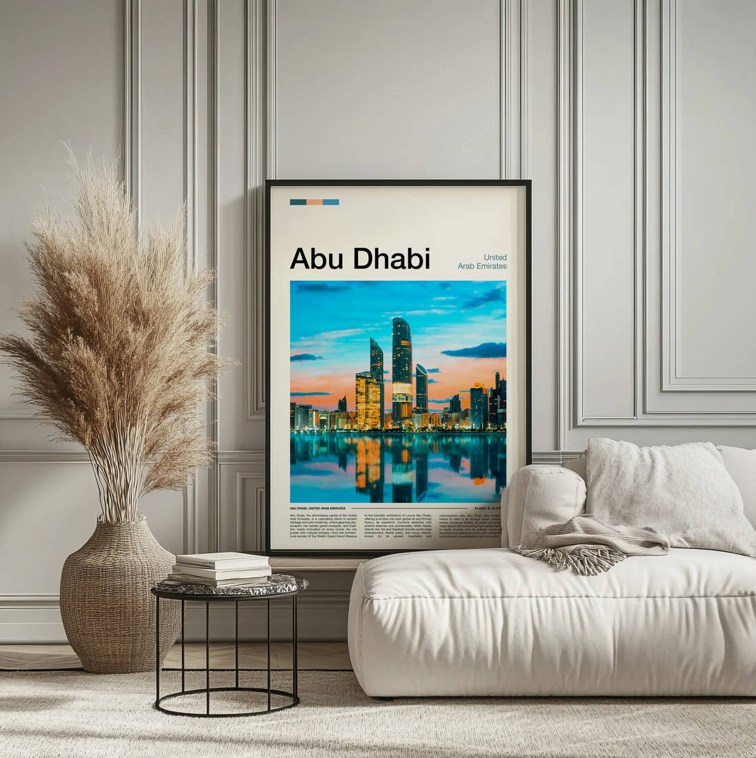 Abu Dhabi Skyline Reflection Travel Print framed on the wall of a calm, neutral bedroom