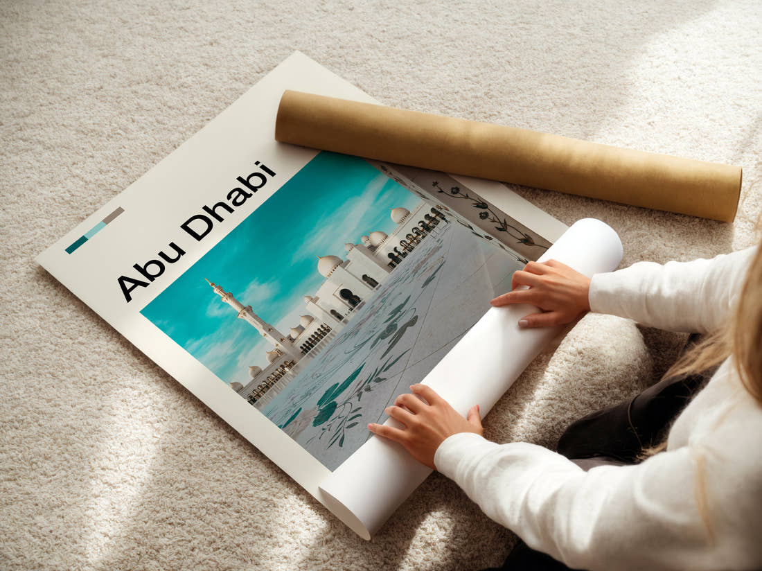 Abu Dhabi Sheikh Zayed Grand Mosque Courtyard Travel Print being unrolled from its postal tube