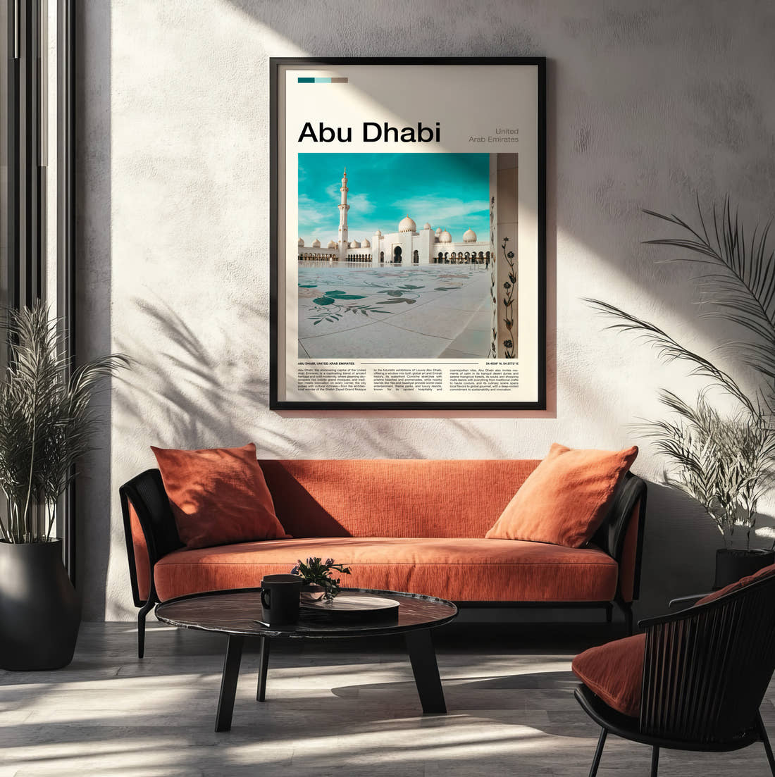 Abu Dhabi Sheikh Zayed Grand Mosque Courtyard Travel Print framed on the wall of a modern living room