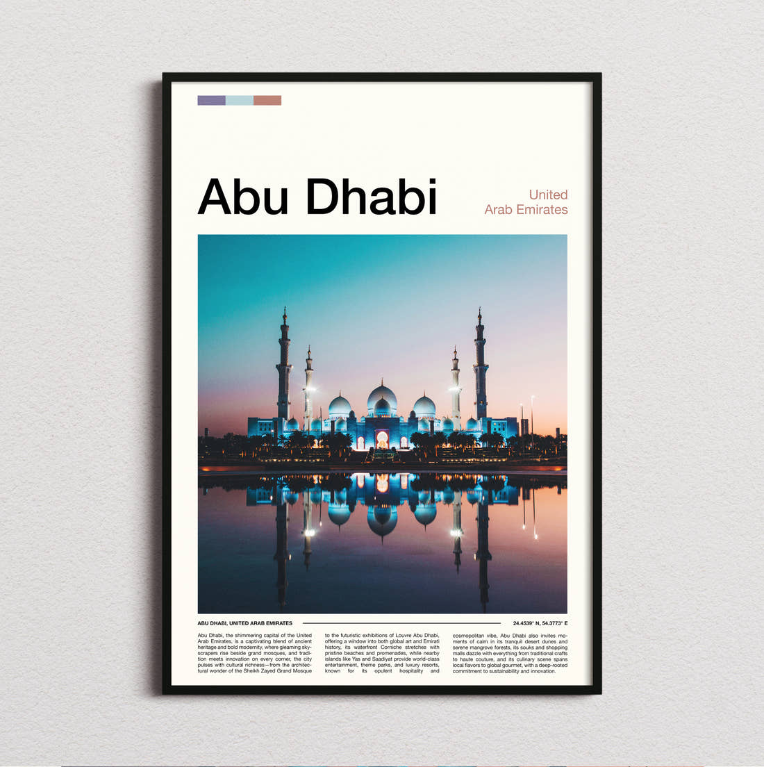 Abu Dhabi Sheikh Zayed Grand Mosque At Night Travel Print framed and photographed straight on