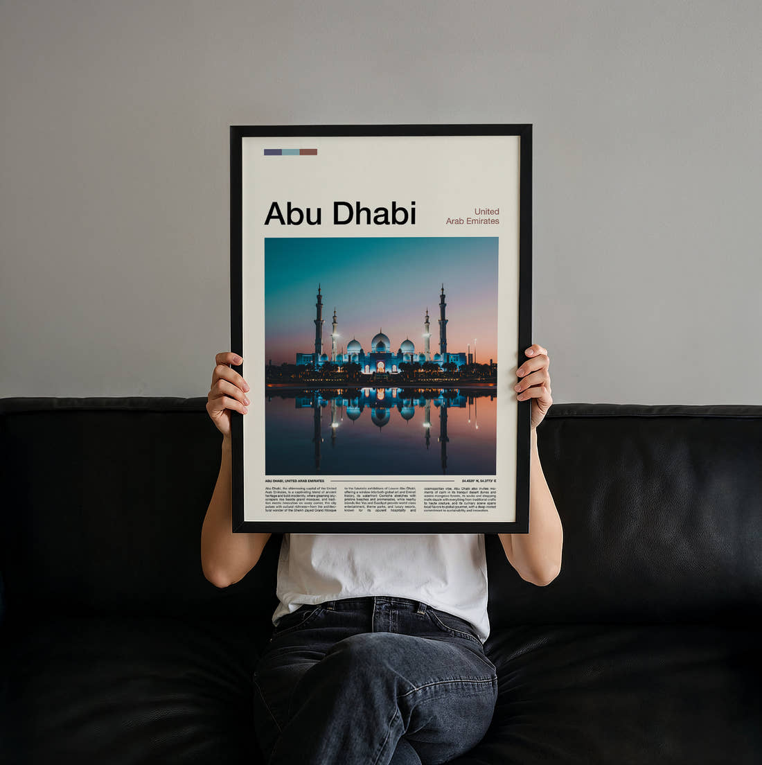 Abu Dhabi Sheikh Zayed Grand Mosque At Night Travel Print held up by hand to show the size of the print
