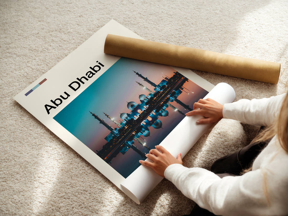 Abu Dhabi Sheikh Zayed Grand Mosque At Night Travel Print being unrolled from its postal tube