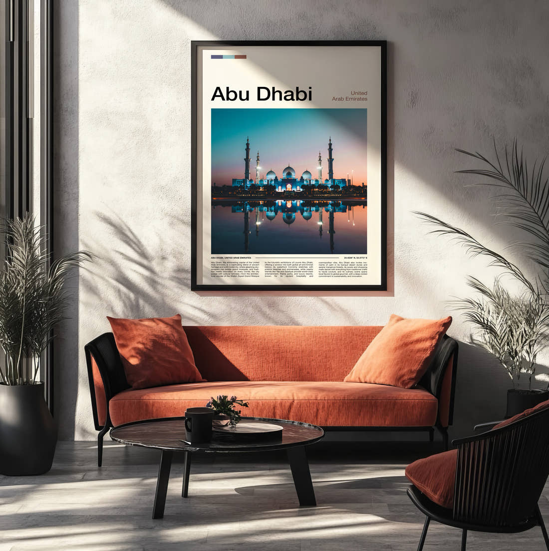 Abu Dhabi Sheikh Zayed Grand Mosque At Night Travel Print framed on the wall of a modern living room