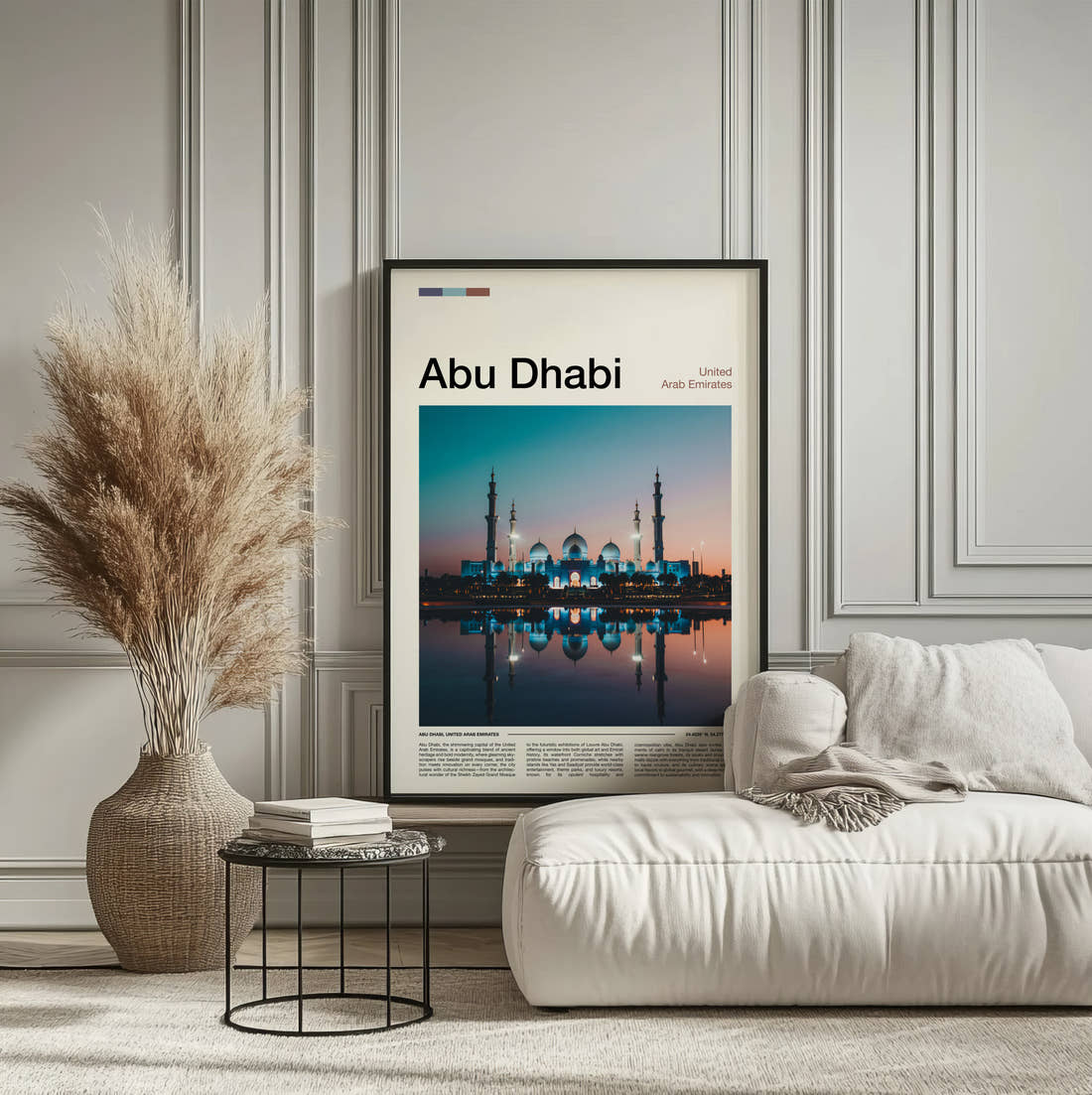 Abu Dhabi Sheikh Zayed Grand Mosque At Night Travel Print framed on the wall of a calm, neutral bedroom