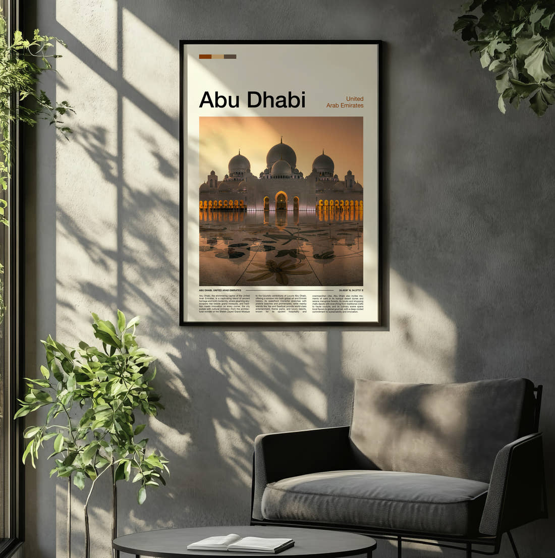 Abu Dhabi Sheikh Zayed Grand Mosque At Dusk Travel Print framed on the wall of a relaxed living room