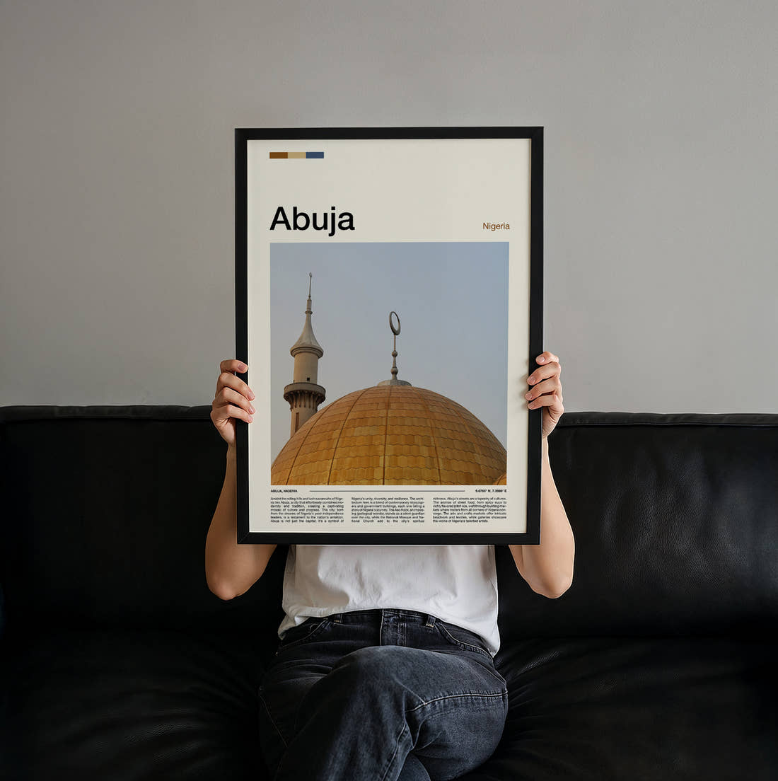 Abuja Golden Dome Travel Print held up by hand to show the size of the print