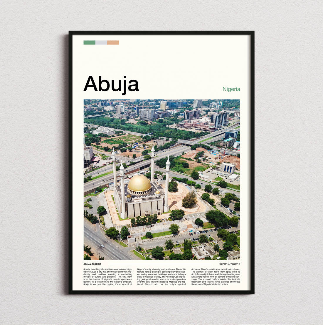 Abuja National Mosque Aerial Travel Print framed and photographed straight on