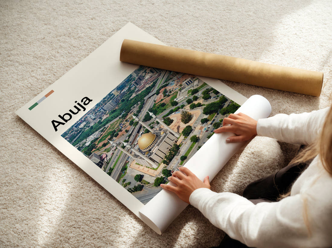 Abuja National Mosque Aerial Travel Print being unrolled from its postal tube