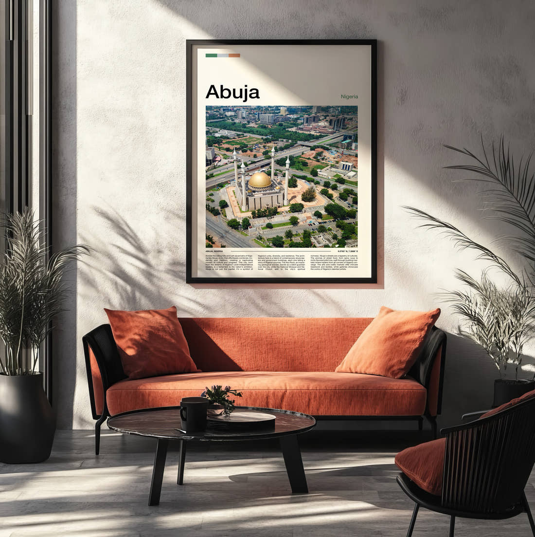 Abuja National Mosque Aerial Travel Print framed on the wall of a modern living room