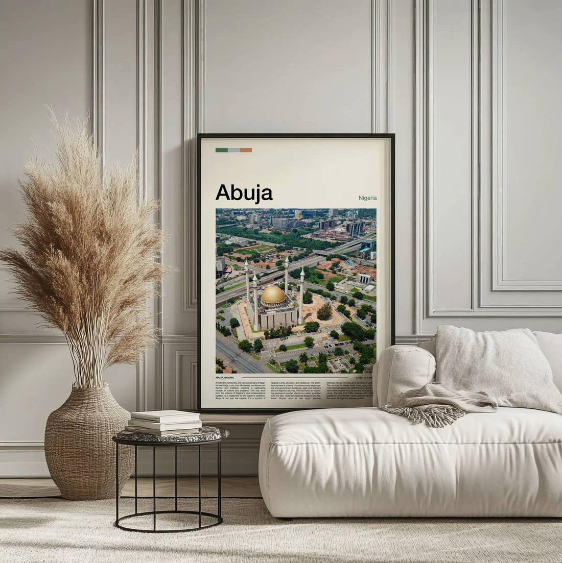 Abuja National Mosque Aerial Travel Print framed on the wall of a calm, neutral bedroom
