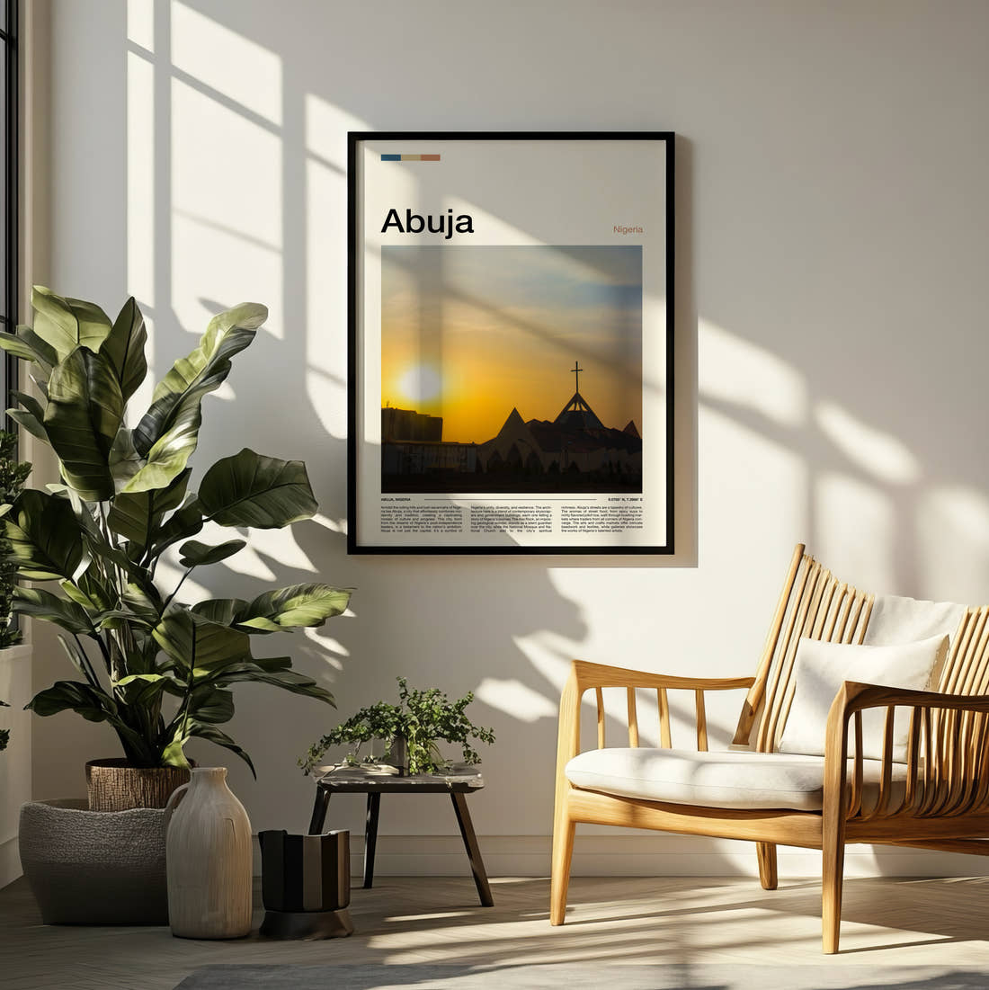 Abuja National Christian Centre Travel Print framed on a pale wall beside houseplants