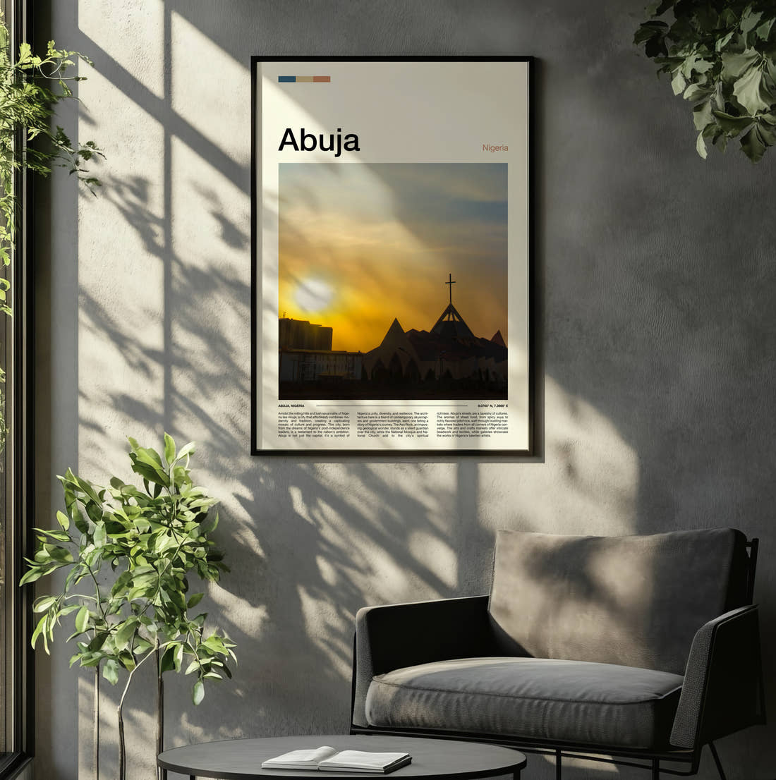 Abuja National Christian Centre Travel Print framed on the wall of a relaxed living room