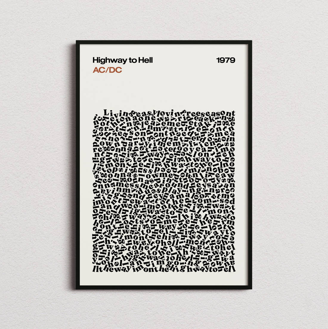 AC/DC Highway to Hell Lyric Print in the cream colourway, framed