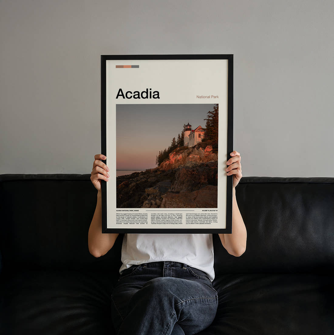 Acadia Bass Harbor Head Lighthouse Travel Print held up by hand to show the size of the print
