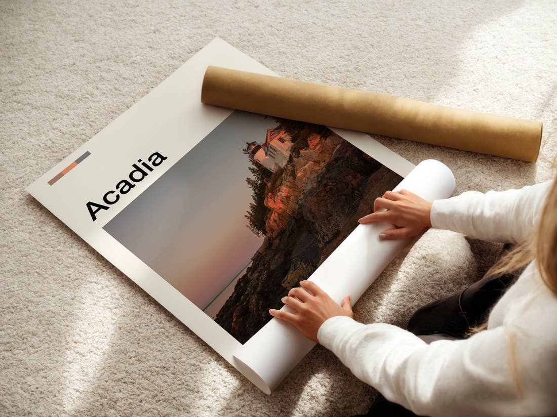 Acadia Bass Harbor Head Lighthouse Travel Print being unrolled from its postal tube