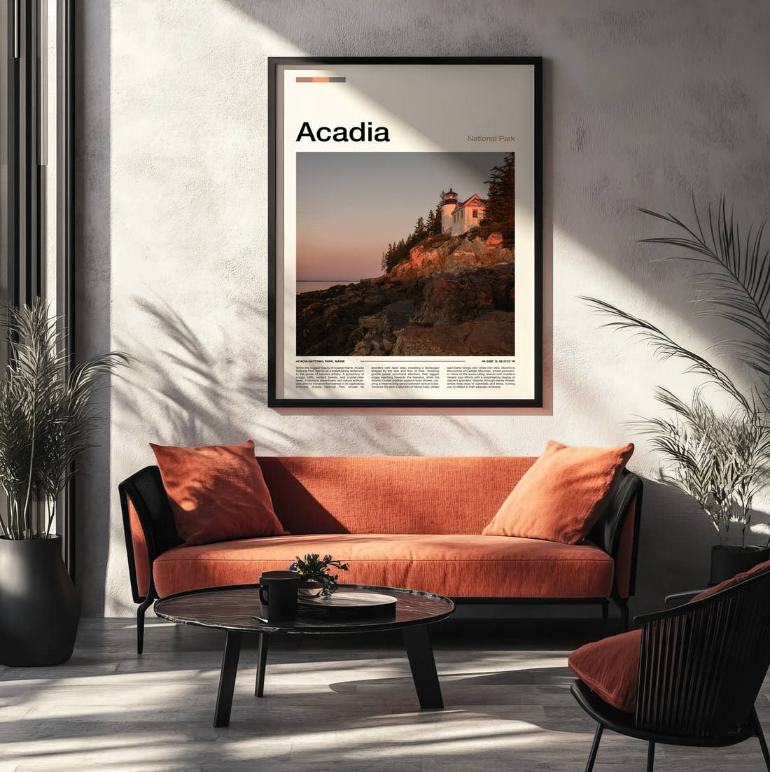 Acadia Bass Harbor Head Lighthouse Travel Print framed on the wall of a modern living room