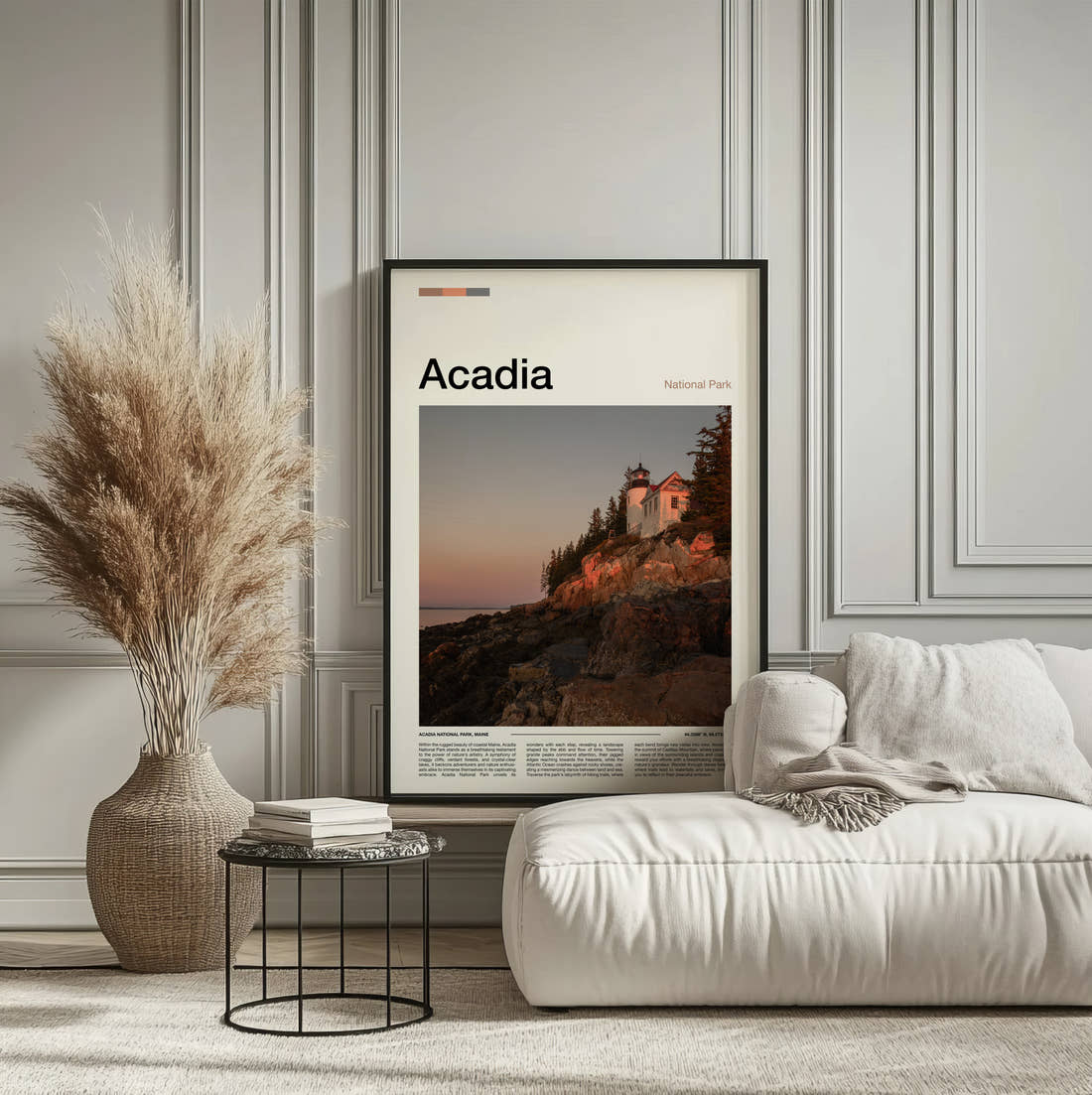 Acadia Bass Harbor Head Lighthouse Travel Print framed on the wall of a calm, neutral bedroom