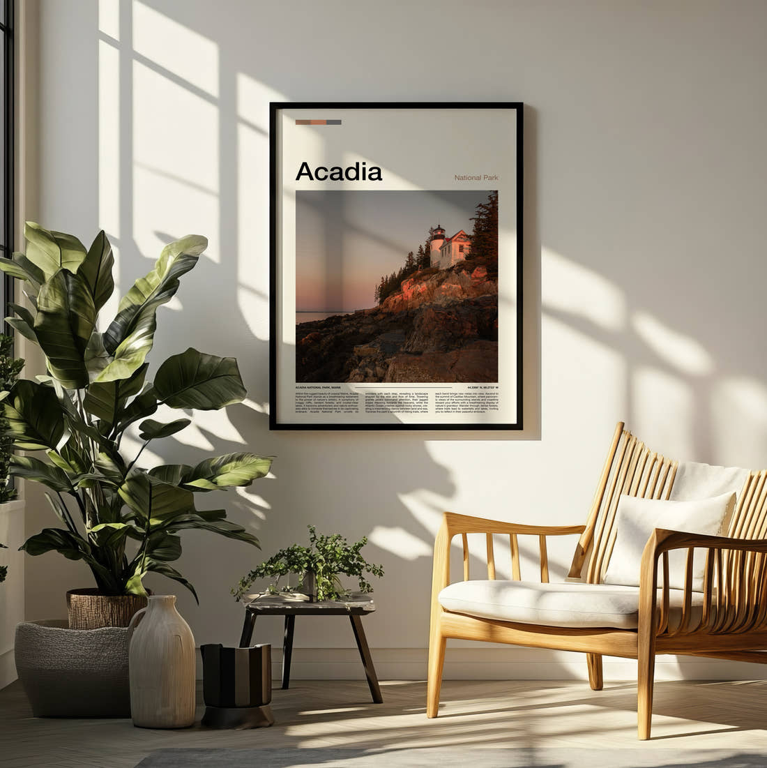 Acadia Bass Harbor Head Lighthouse Travel Print framed on a pale wall beside houseplants
