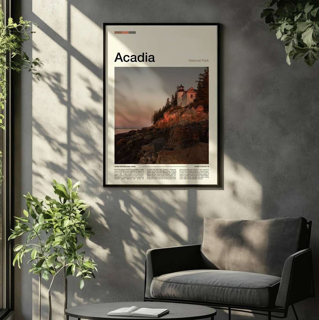 Acadia Bass Harbor Head Lighthouse Travel Print framed on the wall of a relaxed living room
