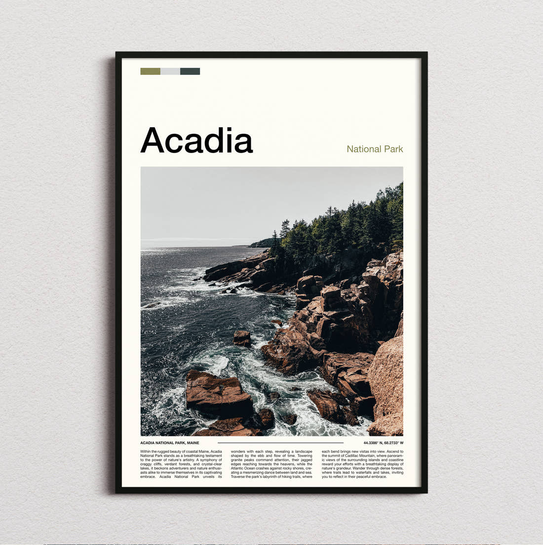 Acadia Rocky Shoreline Travel Print framed and photographed straight on