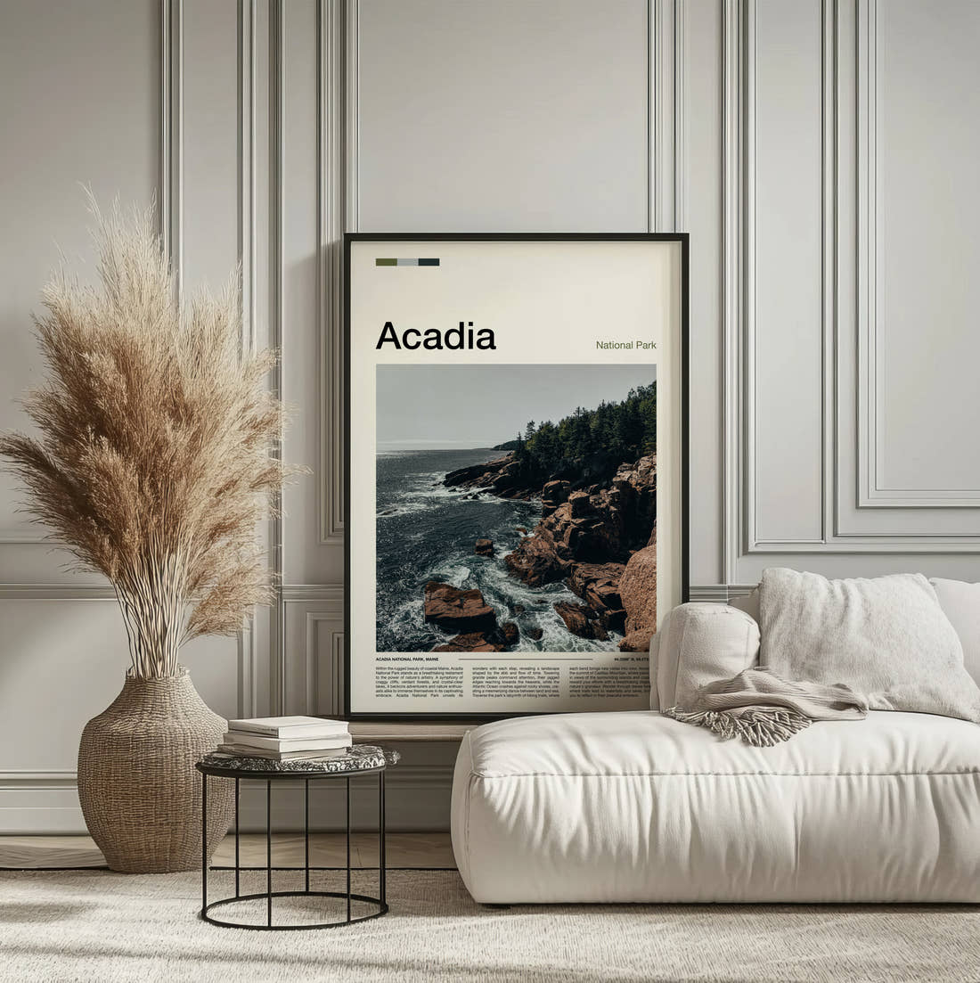 Acadia Rocky Shoreline Travel Print framed on the wall of a calm, neutral bedroom