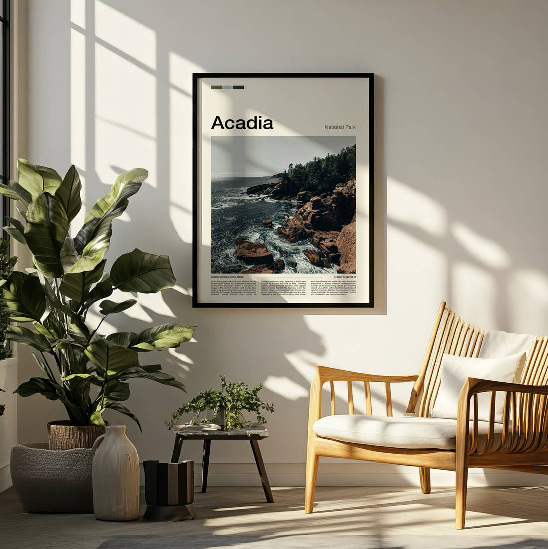 Acadia Rocky Shoreline Travel Print framed on a pale wall beside houseplants