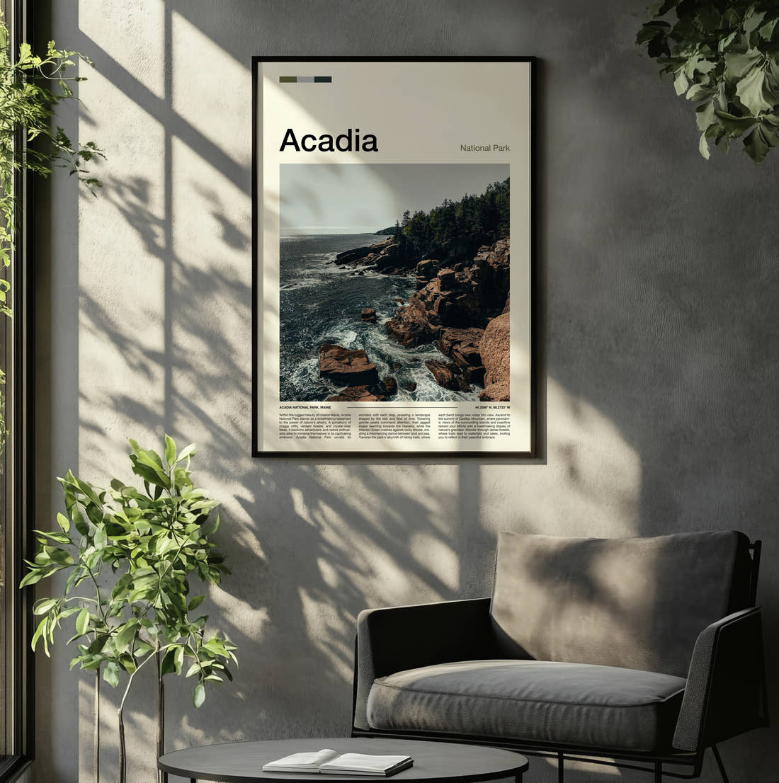 Acadia Rocky Shoreline Travel Print framed on the wall of a relaxed living room