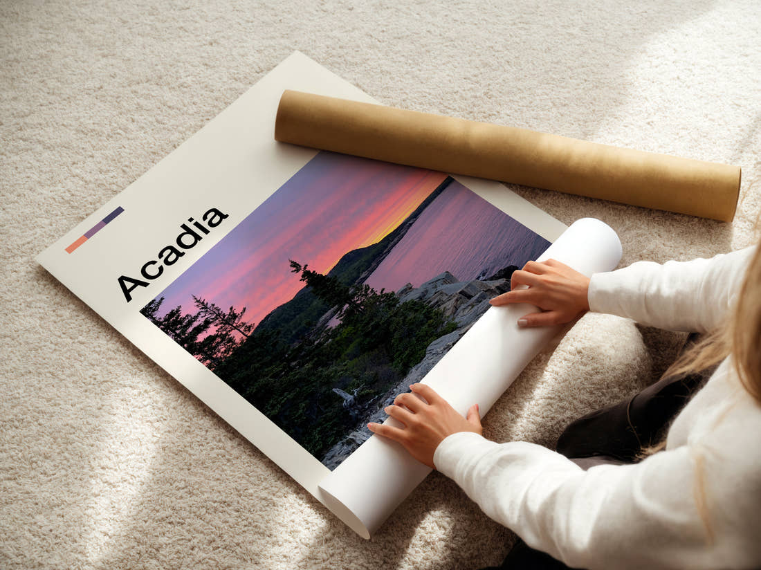 Acadia Coastal Sunset Travel Print being unrolled from its postal tube