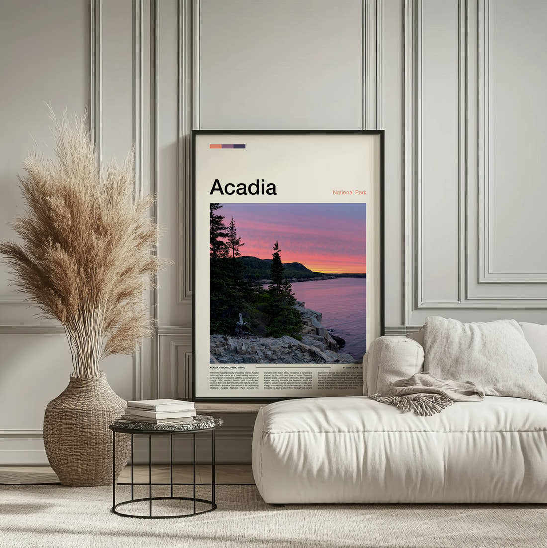 Acadia Coastal Sunset Travel Print framed on the wall of a calm, neutral bedroom