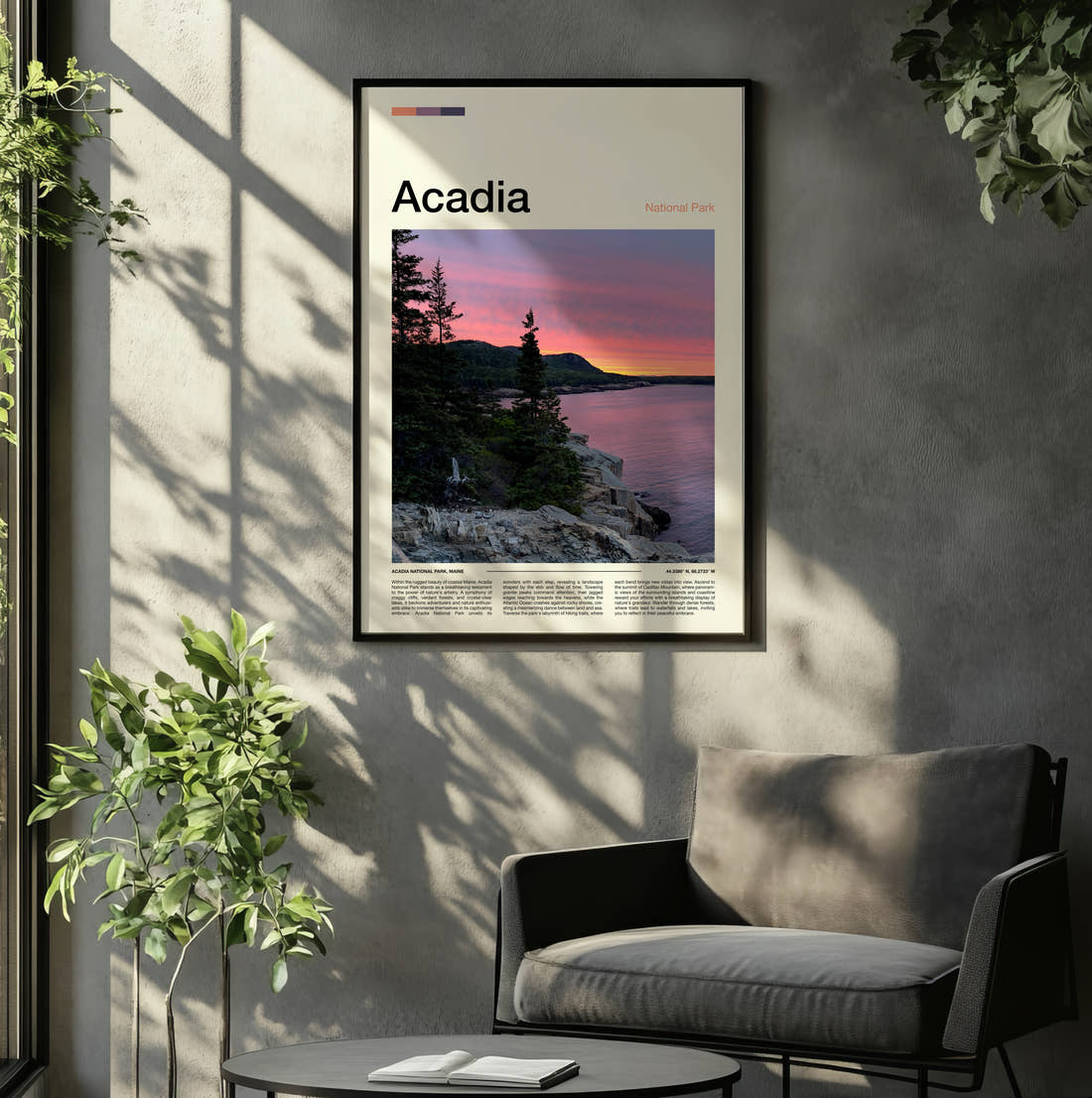 Acadia Coastal Sunset Travel Print framed on the wall of a relaxed living room