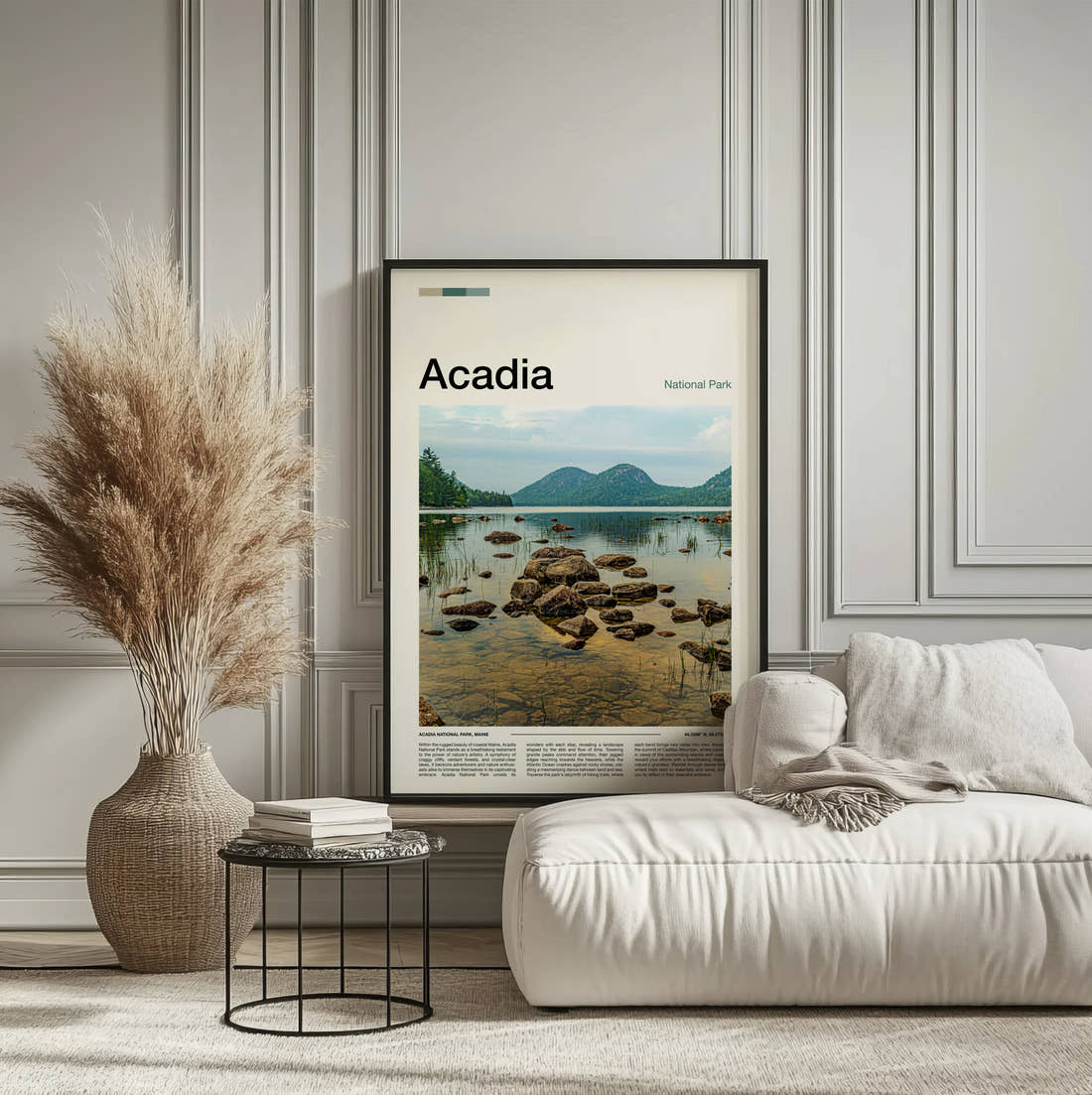 Acadia Jordan Pond Travel Print framed on the wall of a calm, neutral bedroom