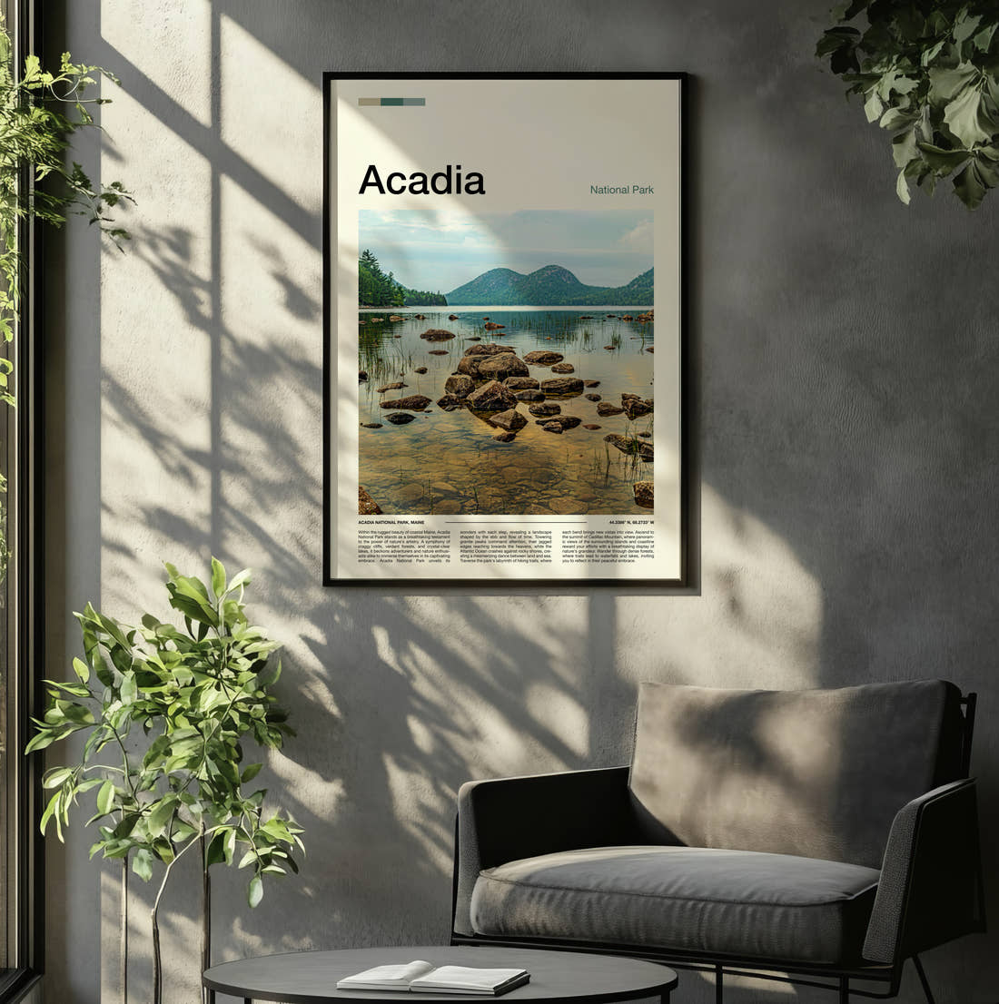 Acadia Jordan Pond Travel Print framed on the wall of a relaxed living room