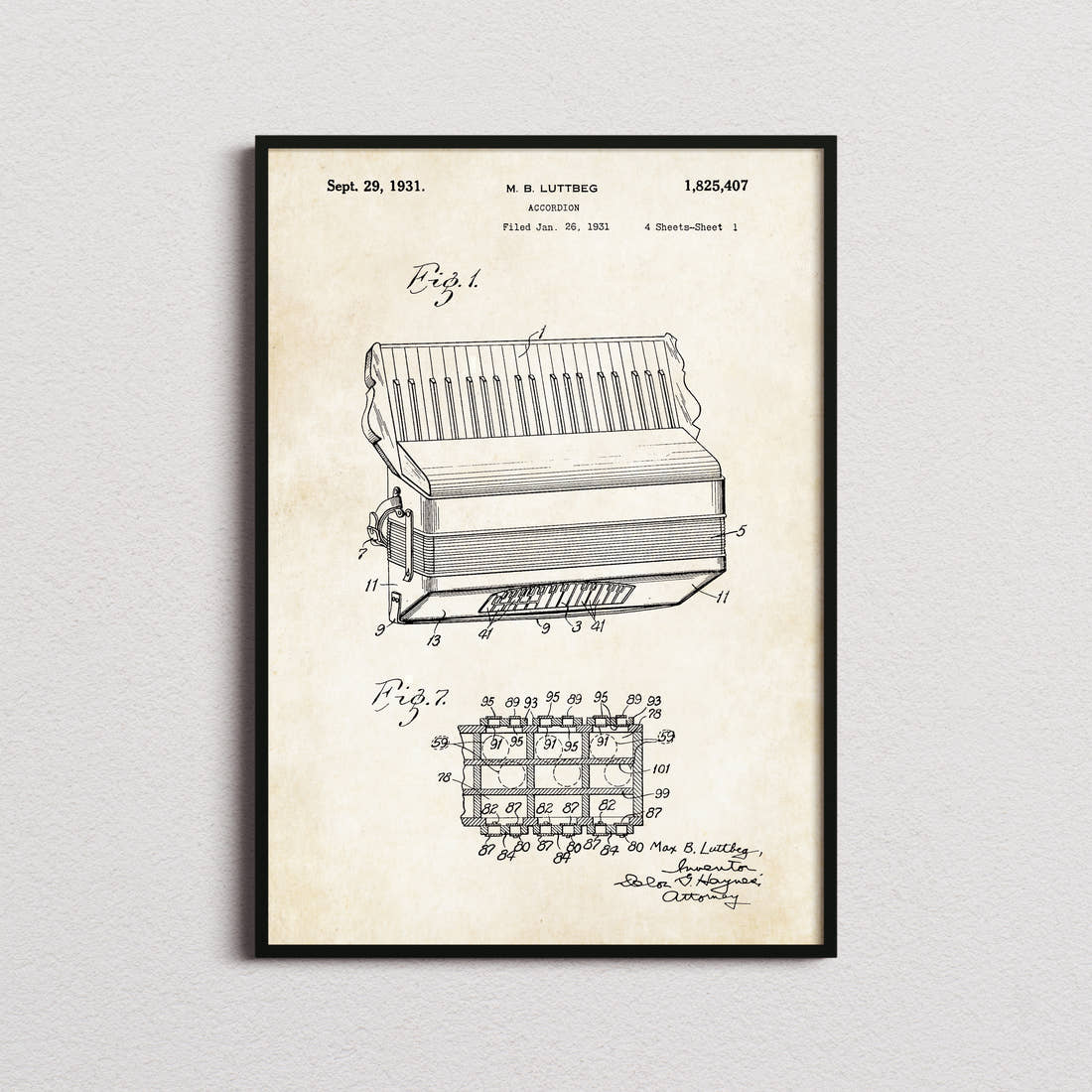 Accordion Patent Print in the aged paper colourway, framed