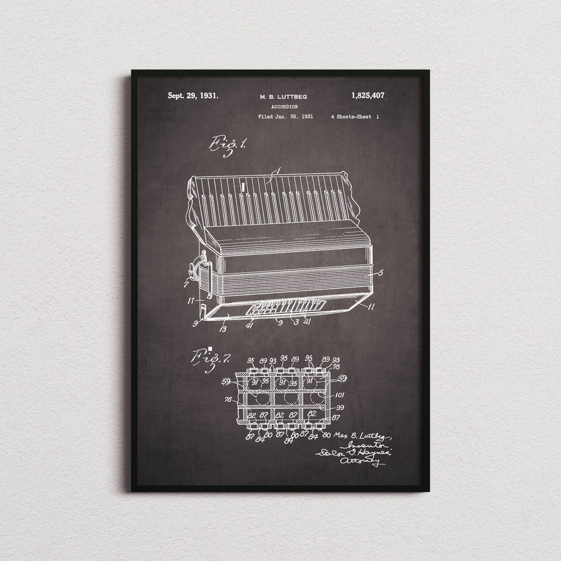 Accordion Patent Print in the blackboard colourway, framed