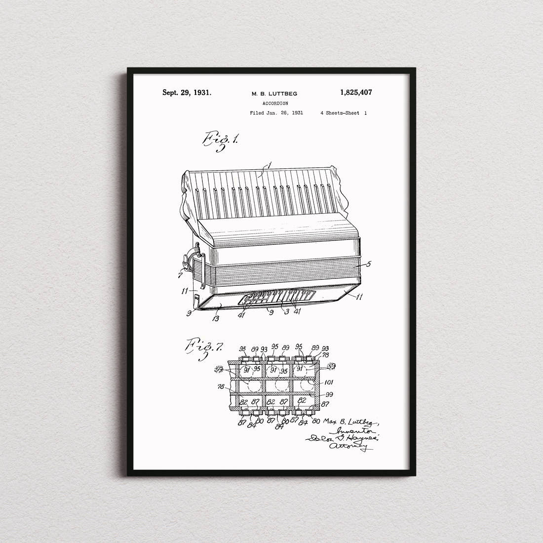 Accordion Patent Print in the white colourway, framed