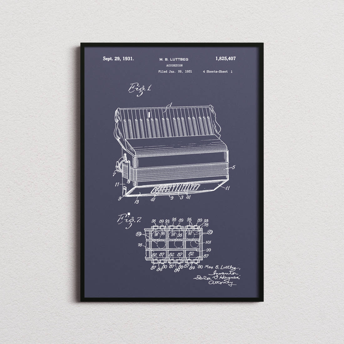 Accordion Patent Print in the navy colourway, framed