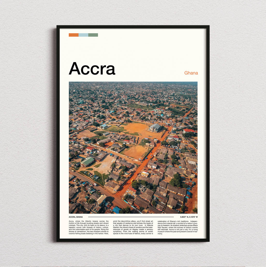 Accra Aerial City View Travel Print framed and photographed straight on